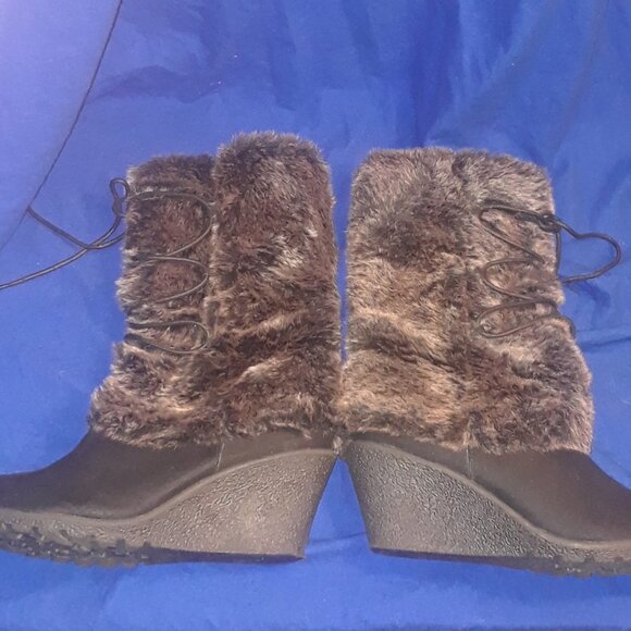 Pointed Toe Platform Wedge Heels Faux Fur Half Boots - Picture 5 of 7